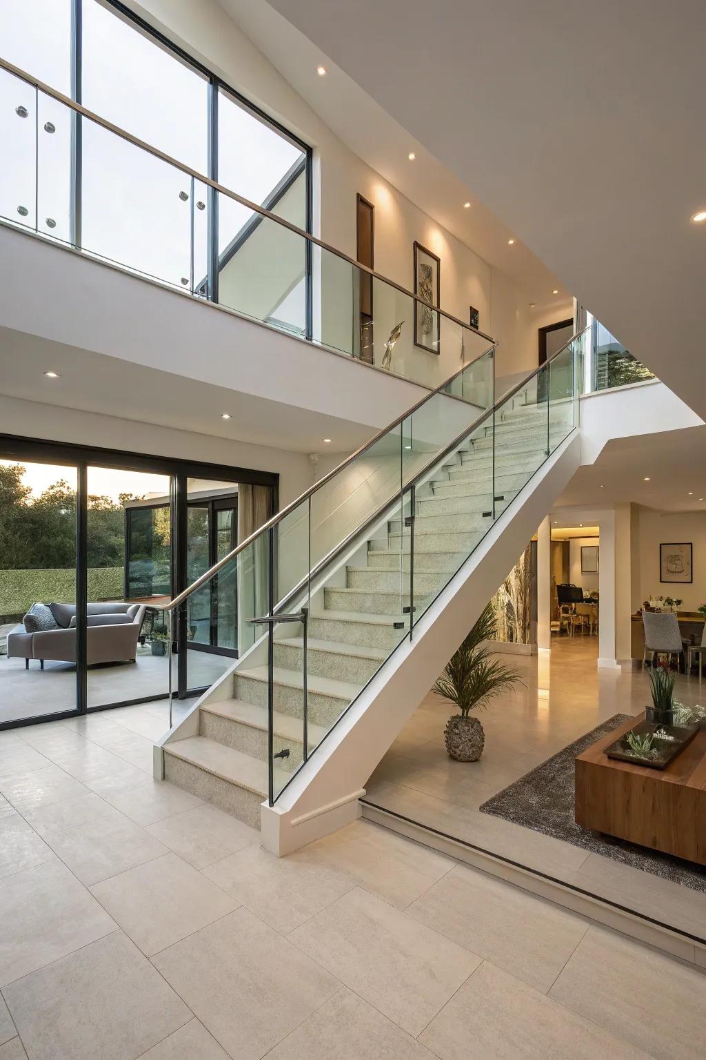 Minimalist transparent panel railings that brighten a split-level home.