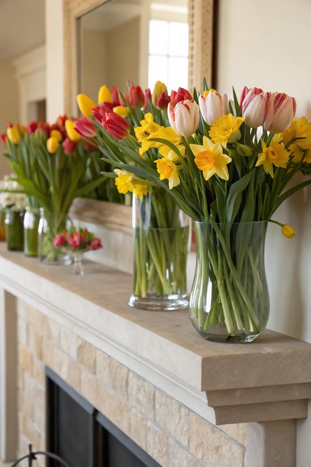 A vibrant display of tulips and daffodils, celebrating the essence of spring on your mantel.