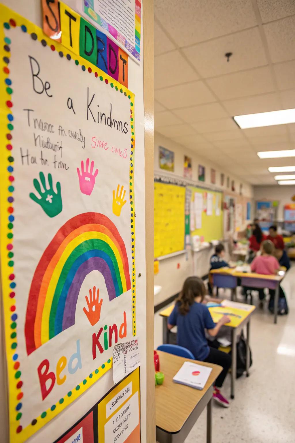 A spectrum of kindness assembled from students' handprints.
