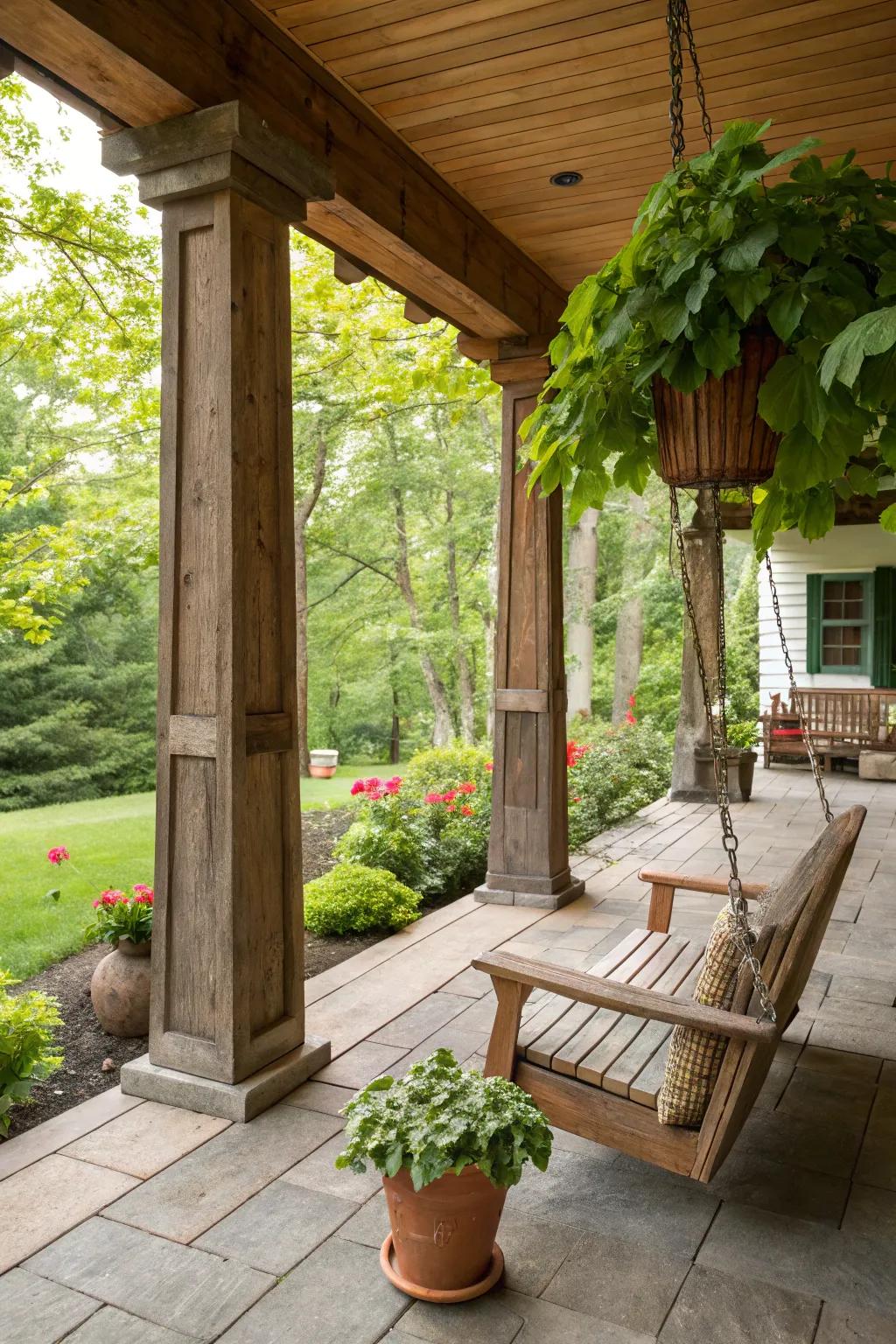 Wood square columns add natural beauty to this rustic porch.