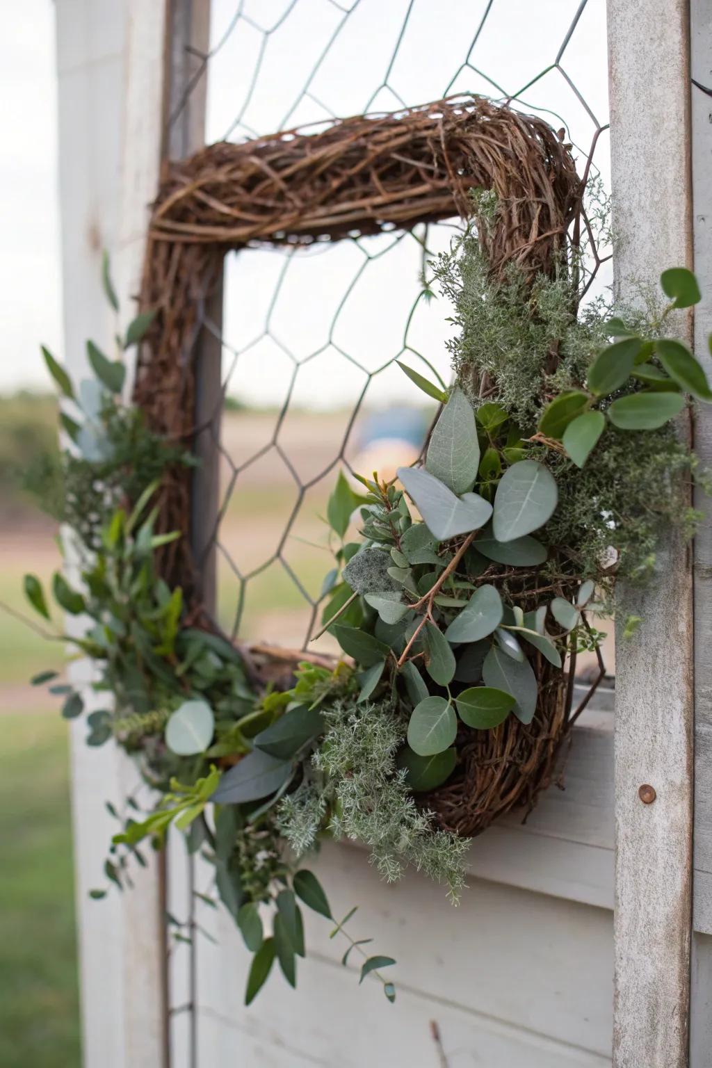 Square wreath with rustic charm, made of grapevine and poultry netting.