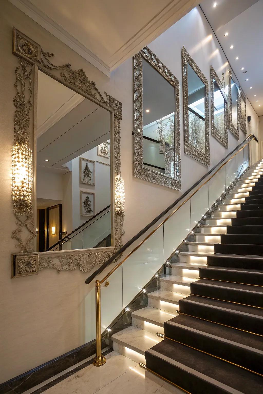Utilize mirrors to amplify both light and space within your staircase.