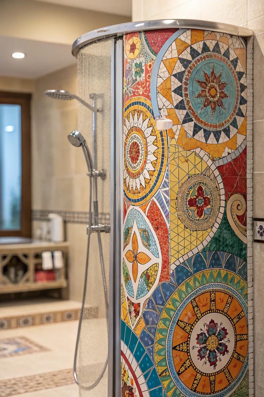 Mosaic tiles make a vibrant and artistic statement in a standup shower.