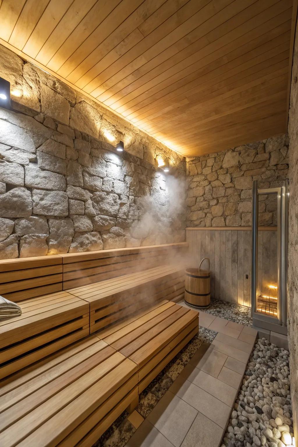 Nature-inspired elements such as wood and stone infuse a tranquil air into steam spaces.