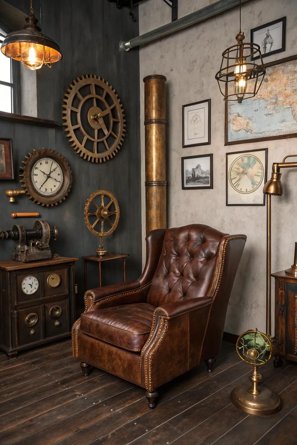 A vintage animal hide armchair infuses a perception of antiquity and solace into a steampunk chamber.