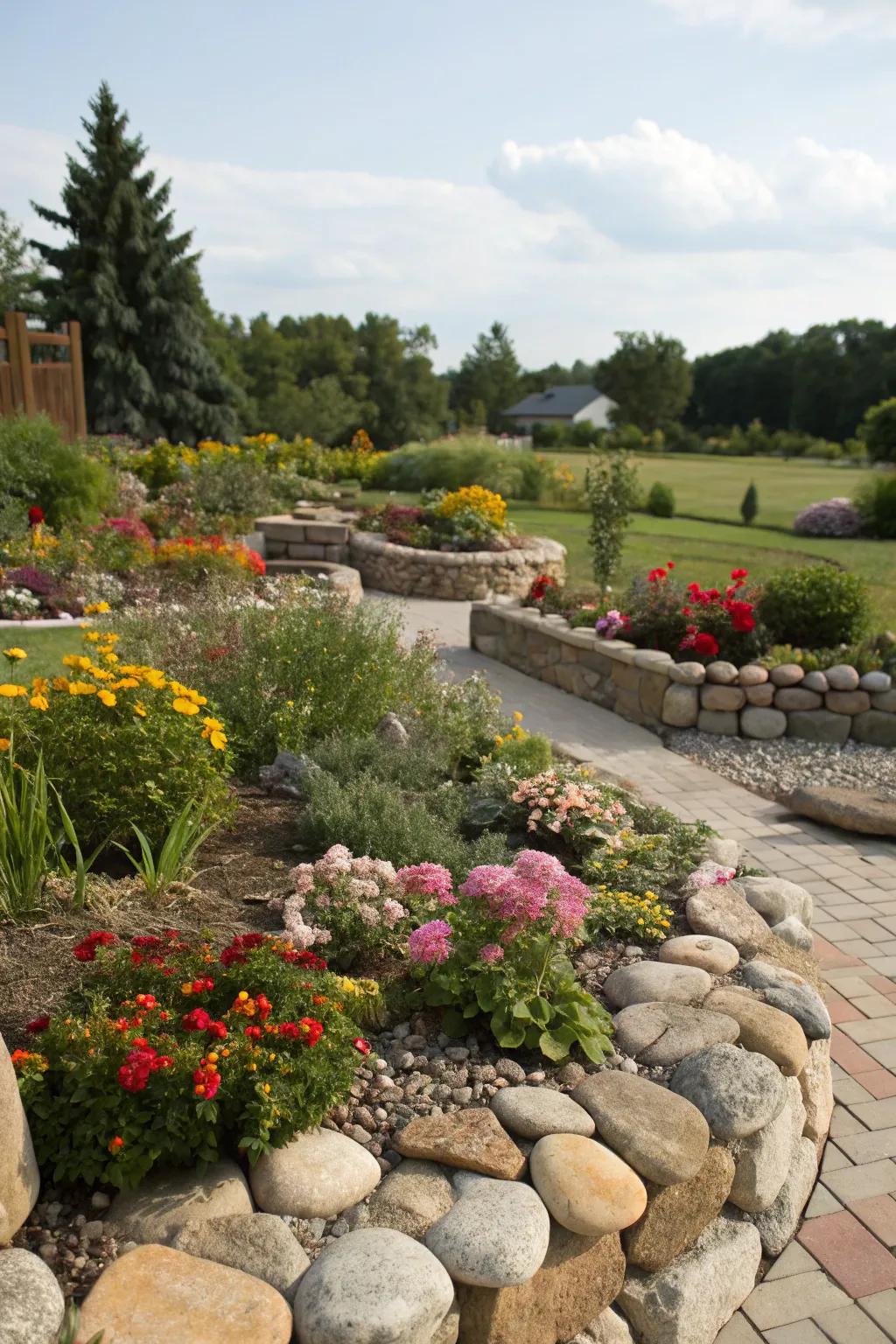Attractive stone edges that give definition to verdant garden spaces.