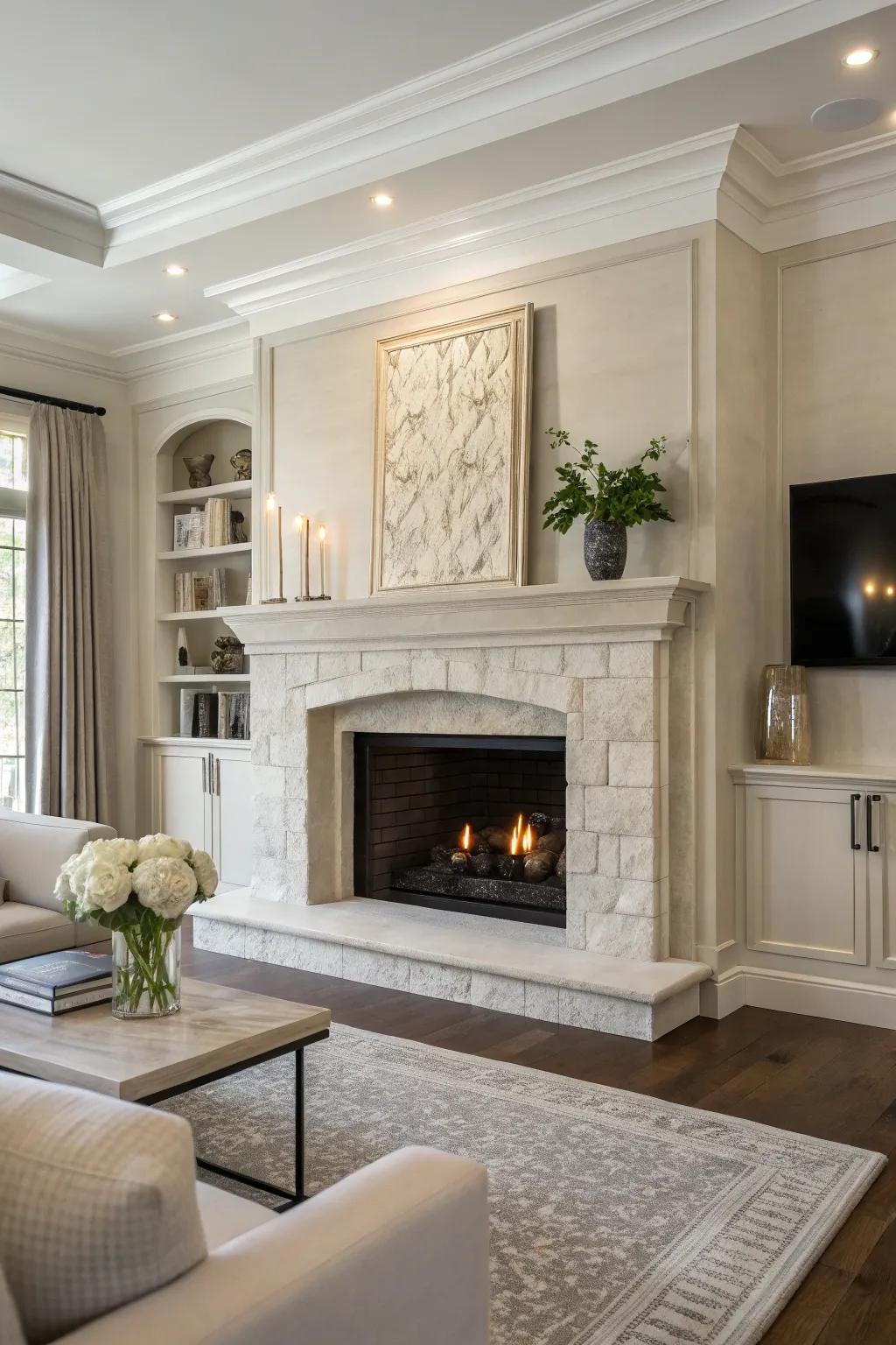 A contemporary area featuring a simplistic stone fireplace and mantel, underscoring neat lines.