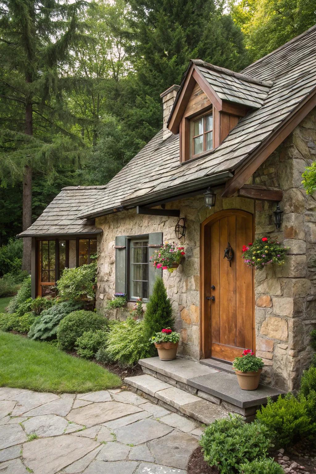 A quaint cottage-style house showcasing a pastoral uncut stone facade.