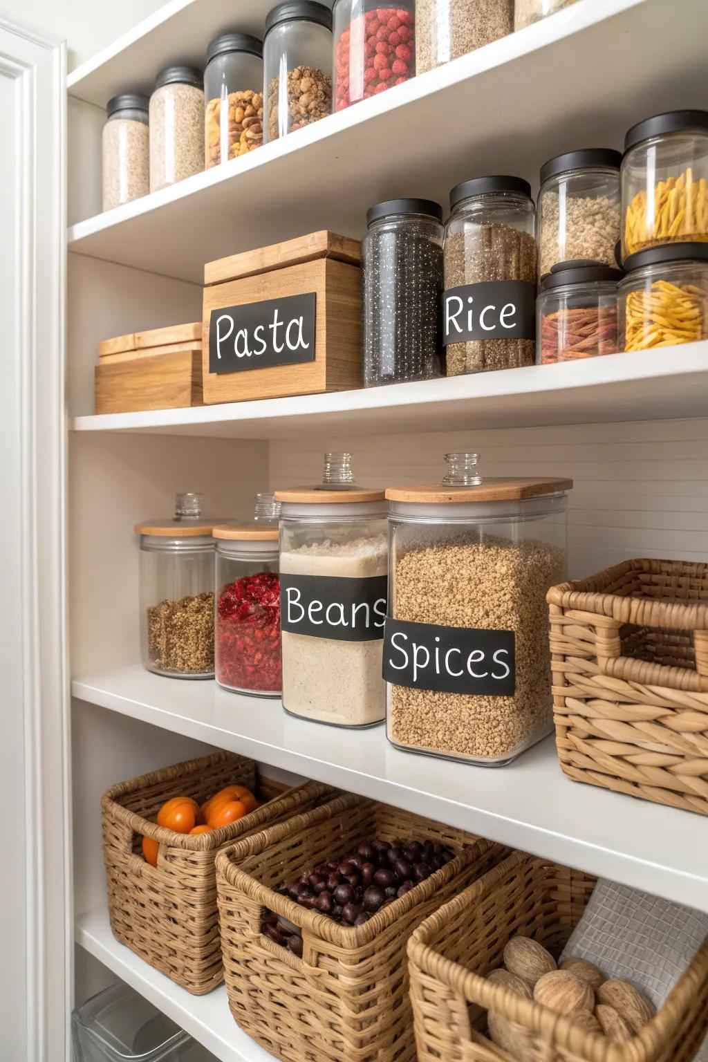 A meticulously arranged pantry showcasing labeled jars and baskets, demonstrating impeccable organization.