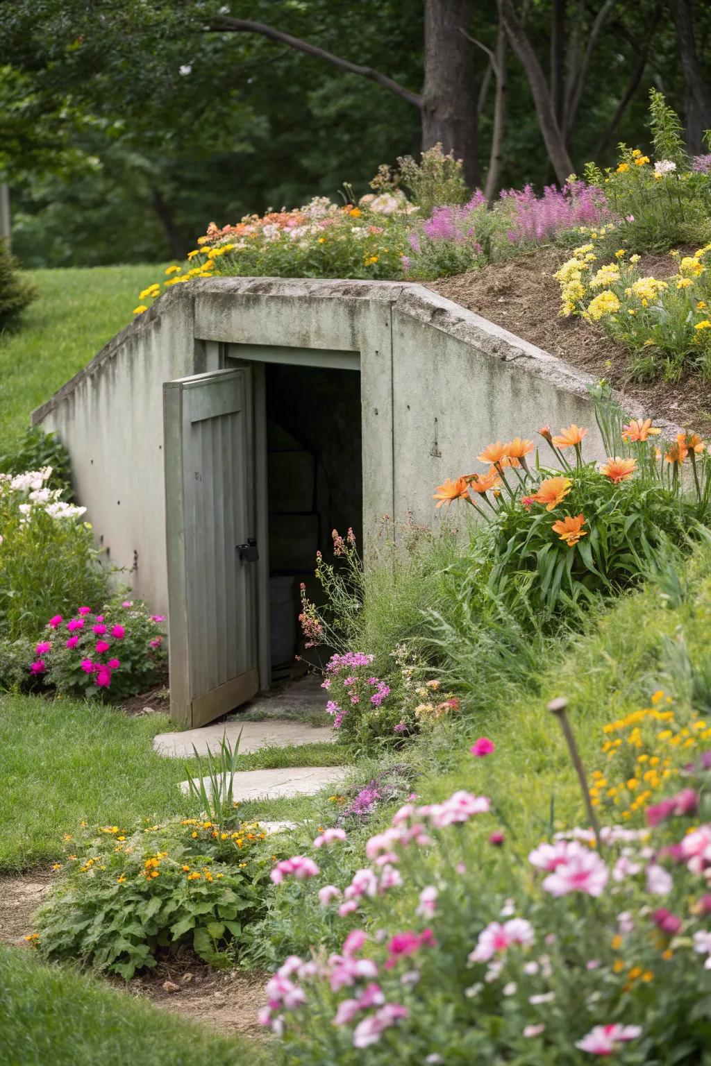 Lively blooms transform the storm shelter into a captivating, colorful center of attention.