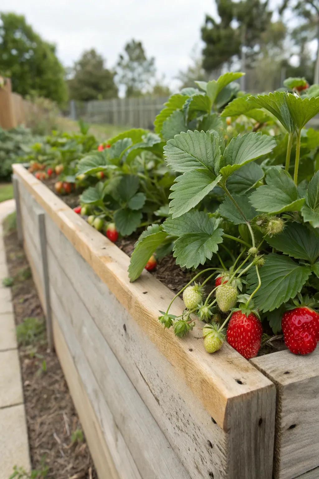 Strawberries prospering in an attractive wooden elevated bed.
