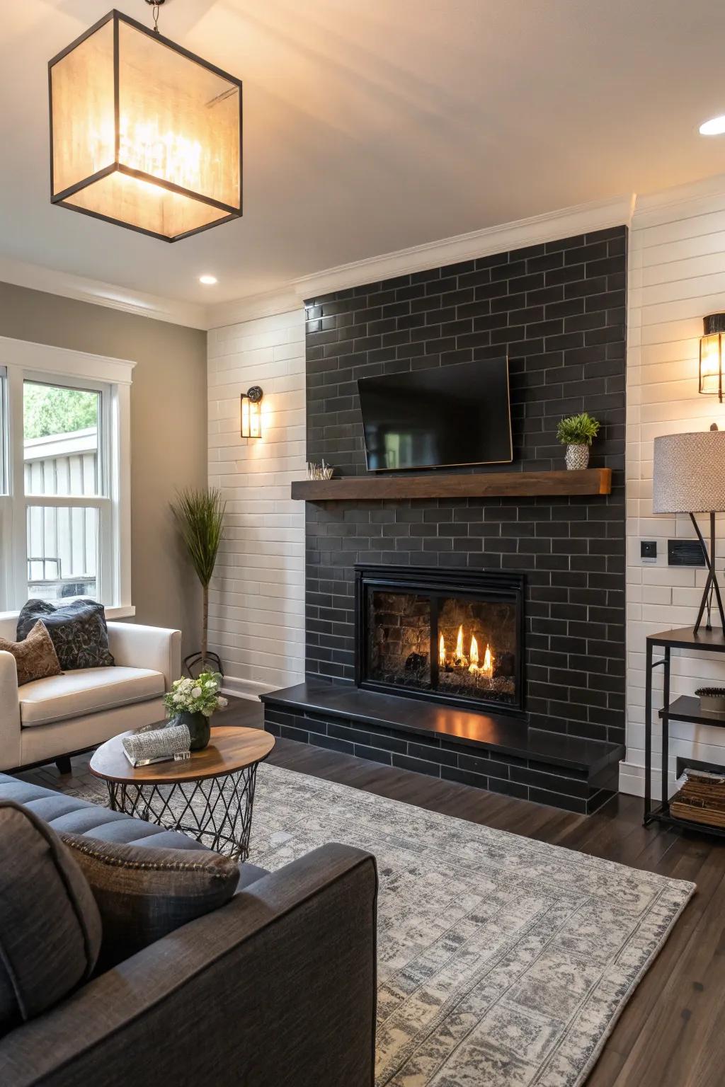 Deep-toned rectangle tiles make a bold statement in this chic living space.
