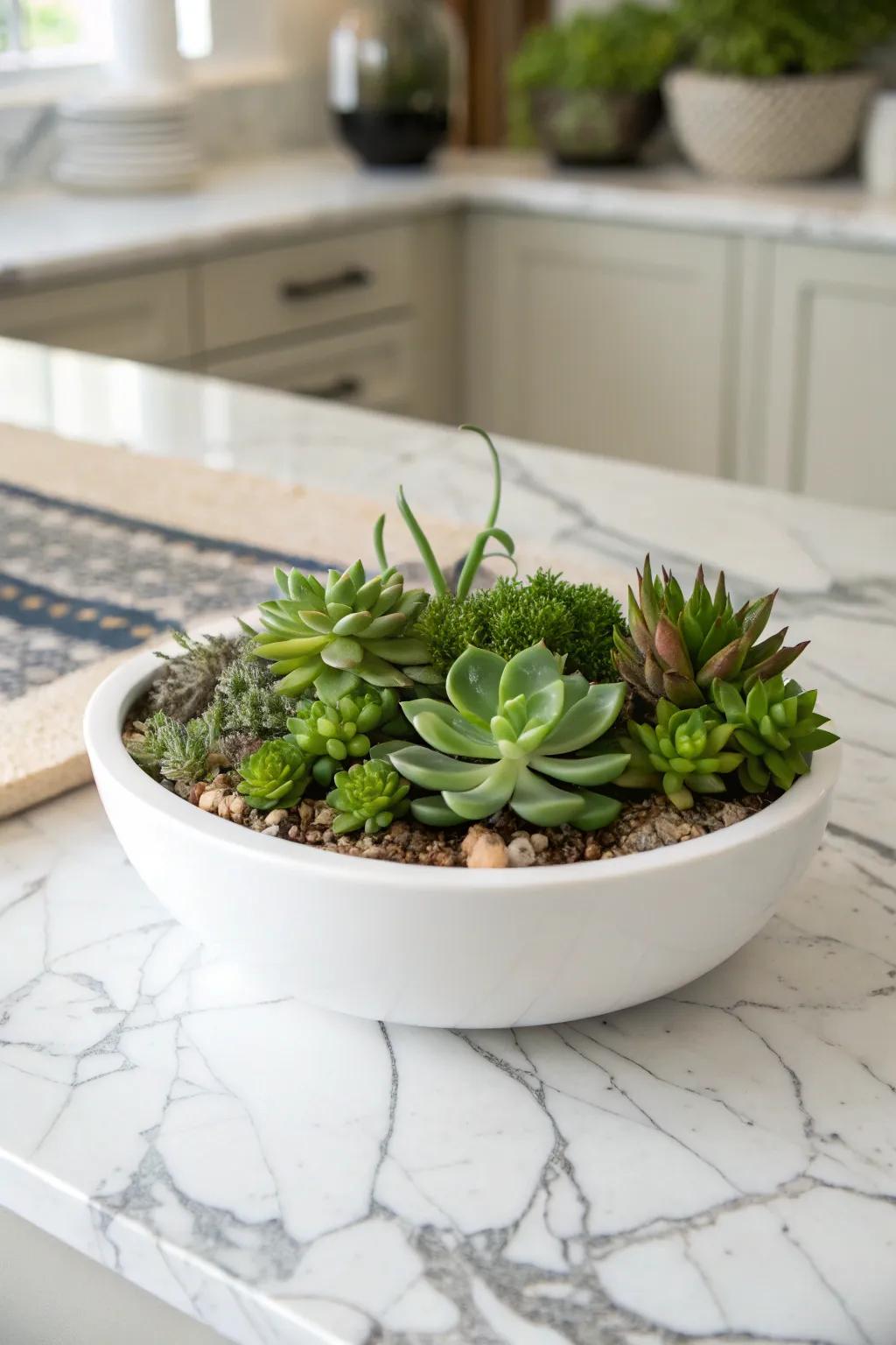 A modern succulent arrangement showcased in a minimalist ceramic bowl.