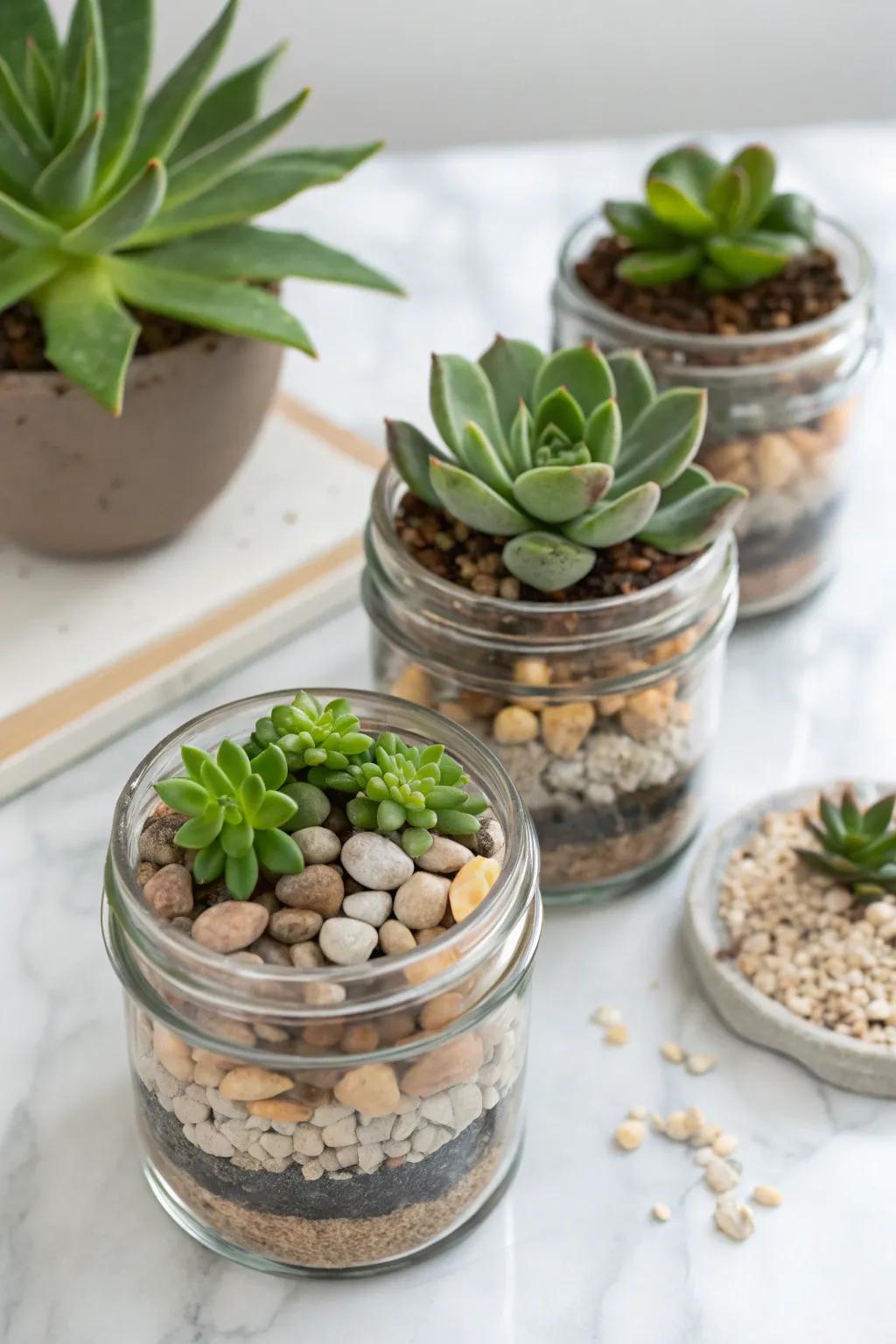 Compact terrariums within glass vessels present a contemporary interpretation.