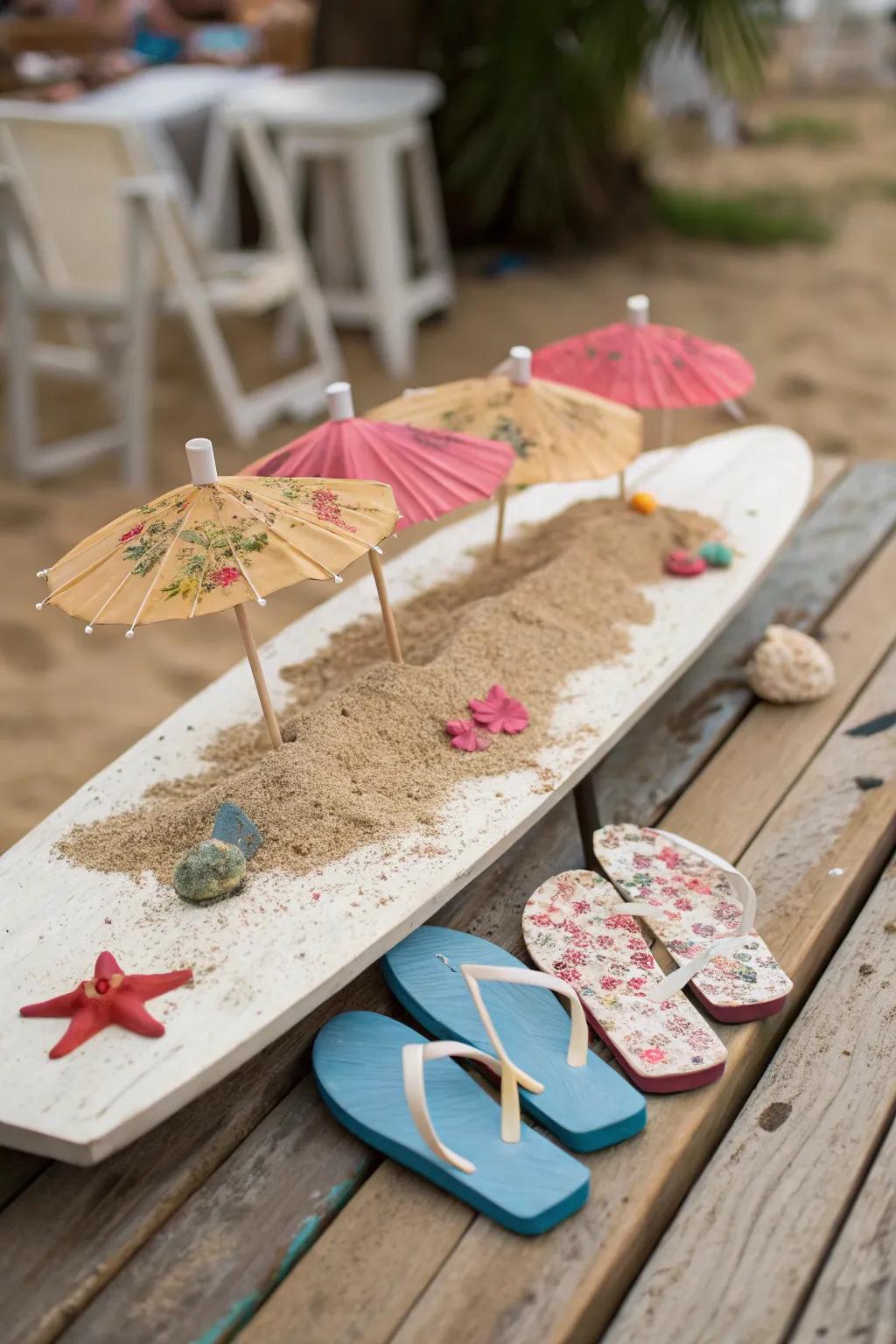 A display panel embellished with coastal themes, such as tiny beach umbrellas and flip-flops.