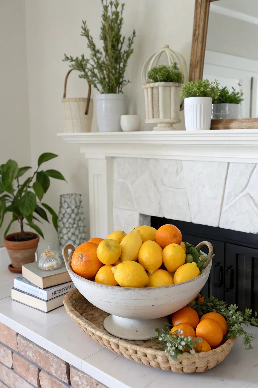 Elevate your mantel's aesthetic with a striking infusion of citrus-inspired colors.