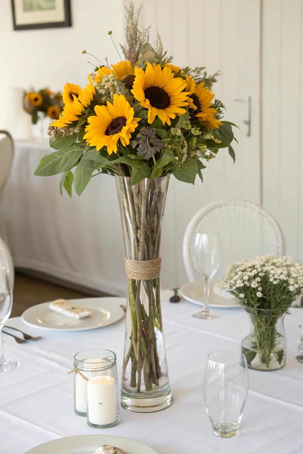 Elevate your table setting with sunflowers in a glass vase.
