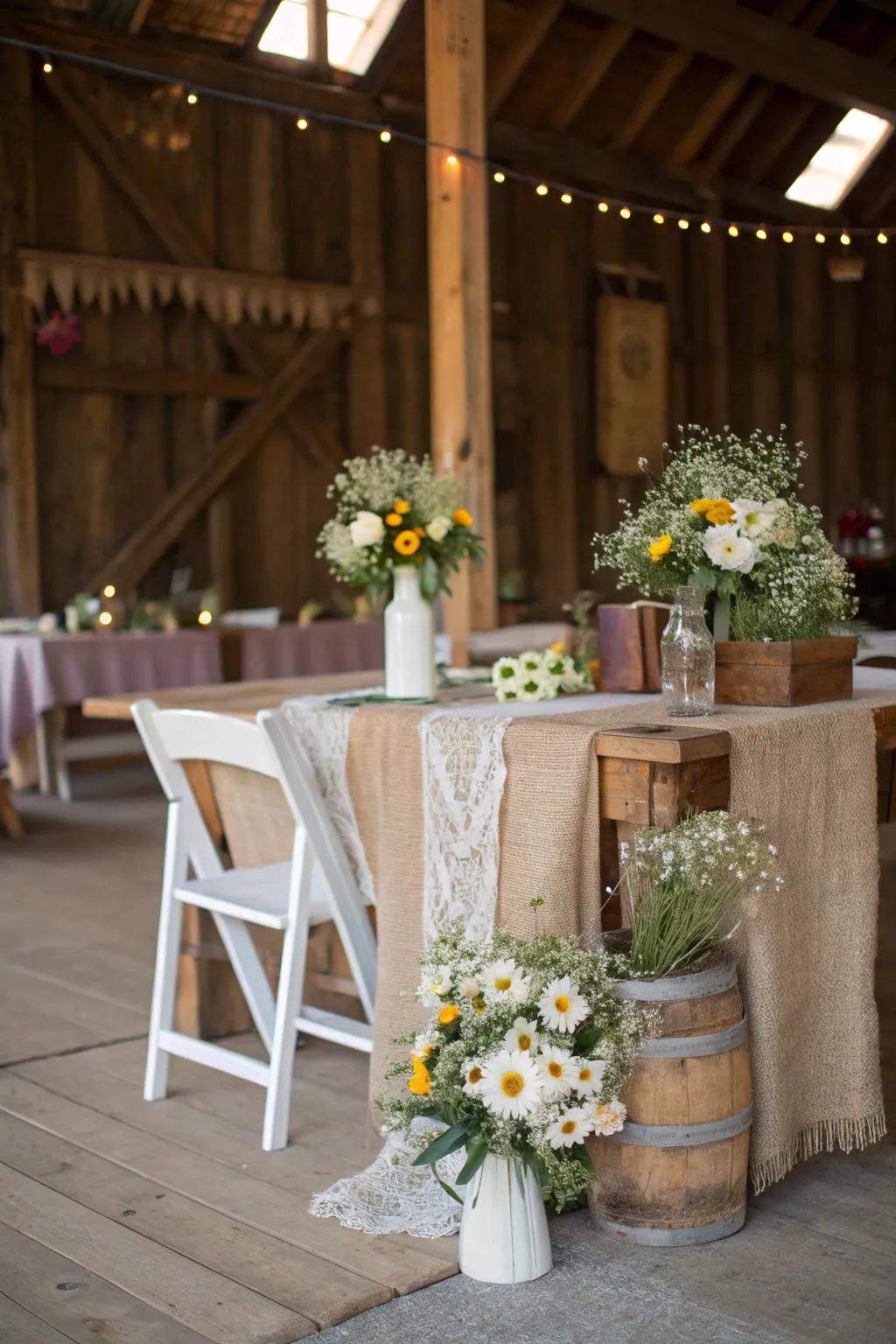 A pastoral sweetheart table showcasing timber elements and wildflowers for a countryside vibe.