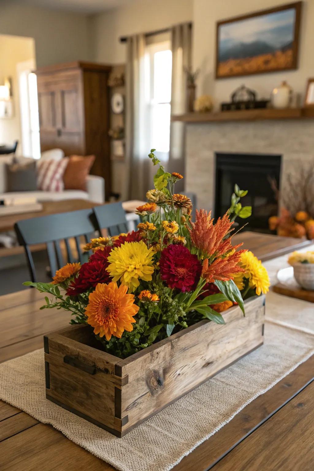 A rustic wooden box filled with autumnal flowers, adding warmth and charm to the table.