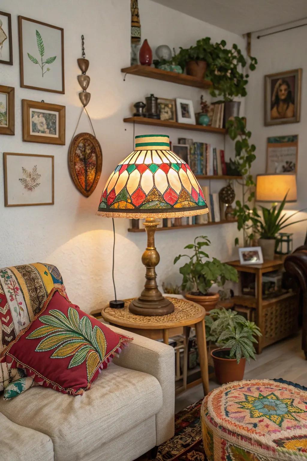 A vibrant vintage table lamp adds an eclectic touch to a bohemian-themed space.