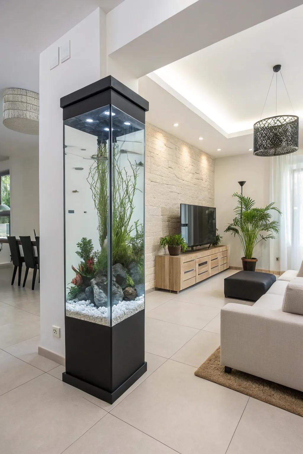 A modern and minimalist elevated fish tank design.
