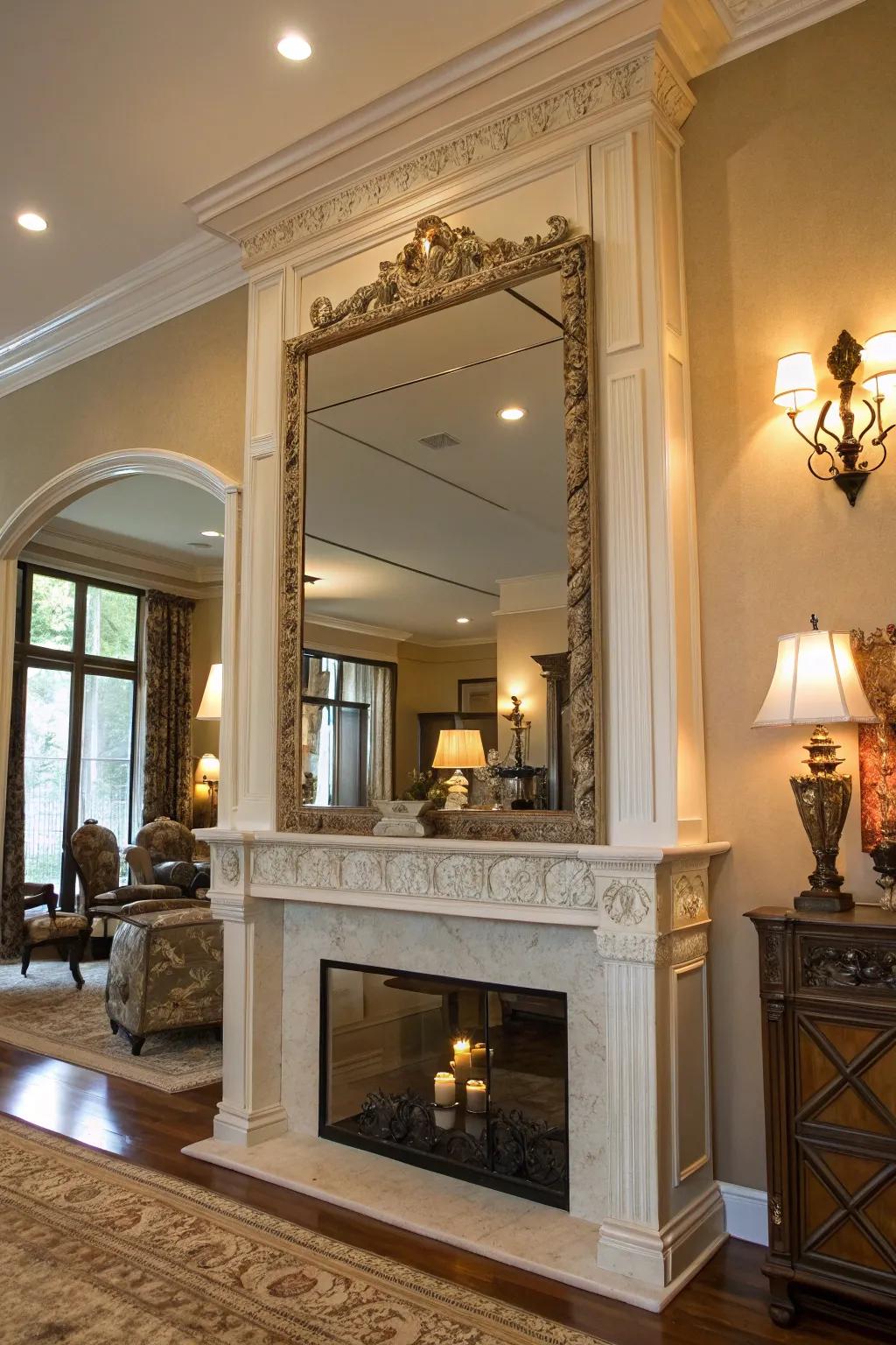 An elevated mantel adorned with a sizable mirror, enhancing depth and reflecting light.