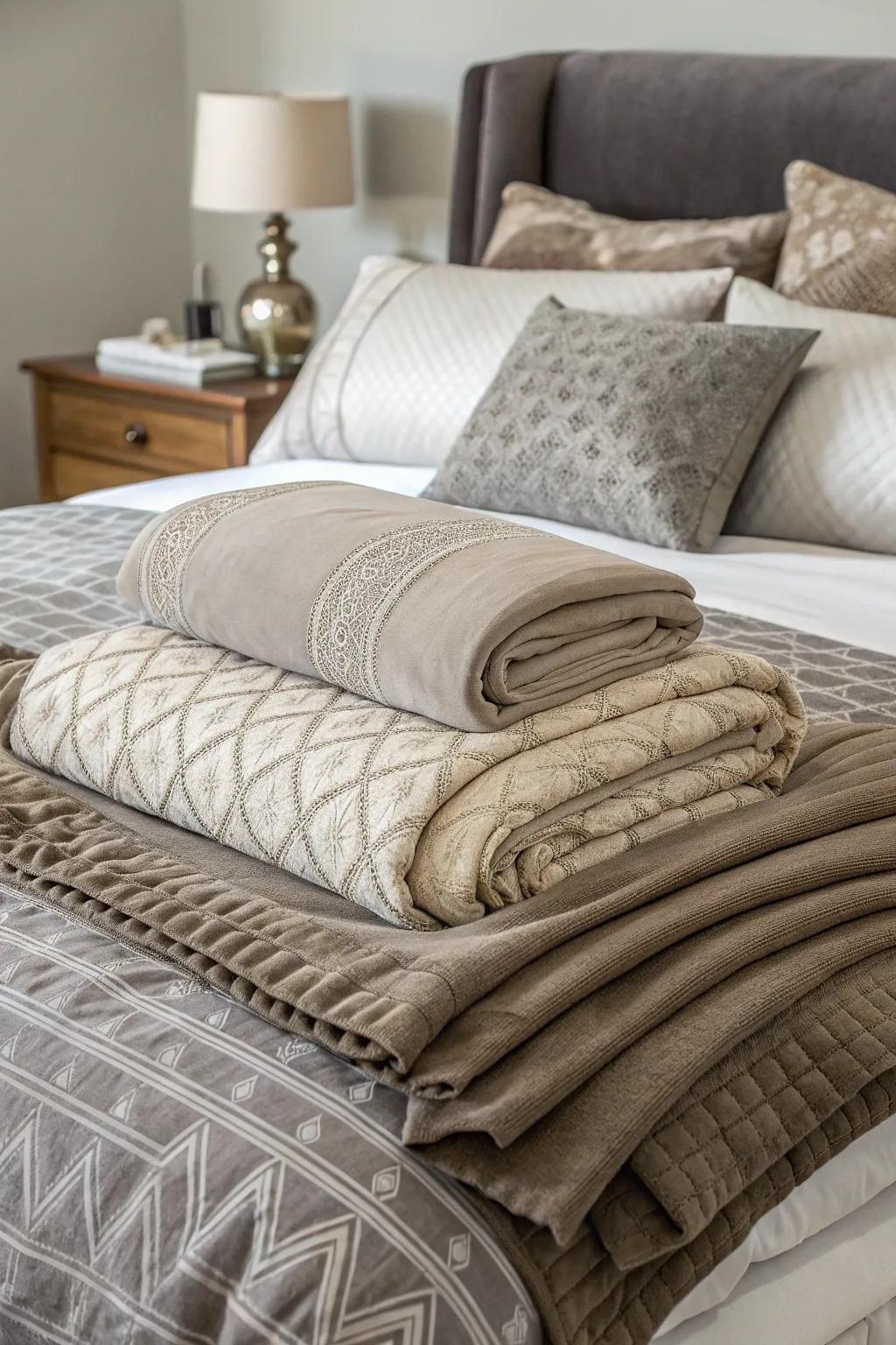A bed adorned with sumptuous greige and grey bedding layers.