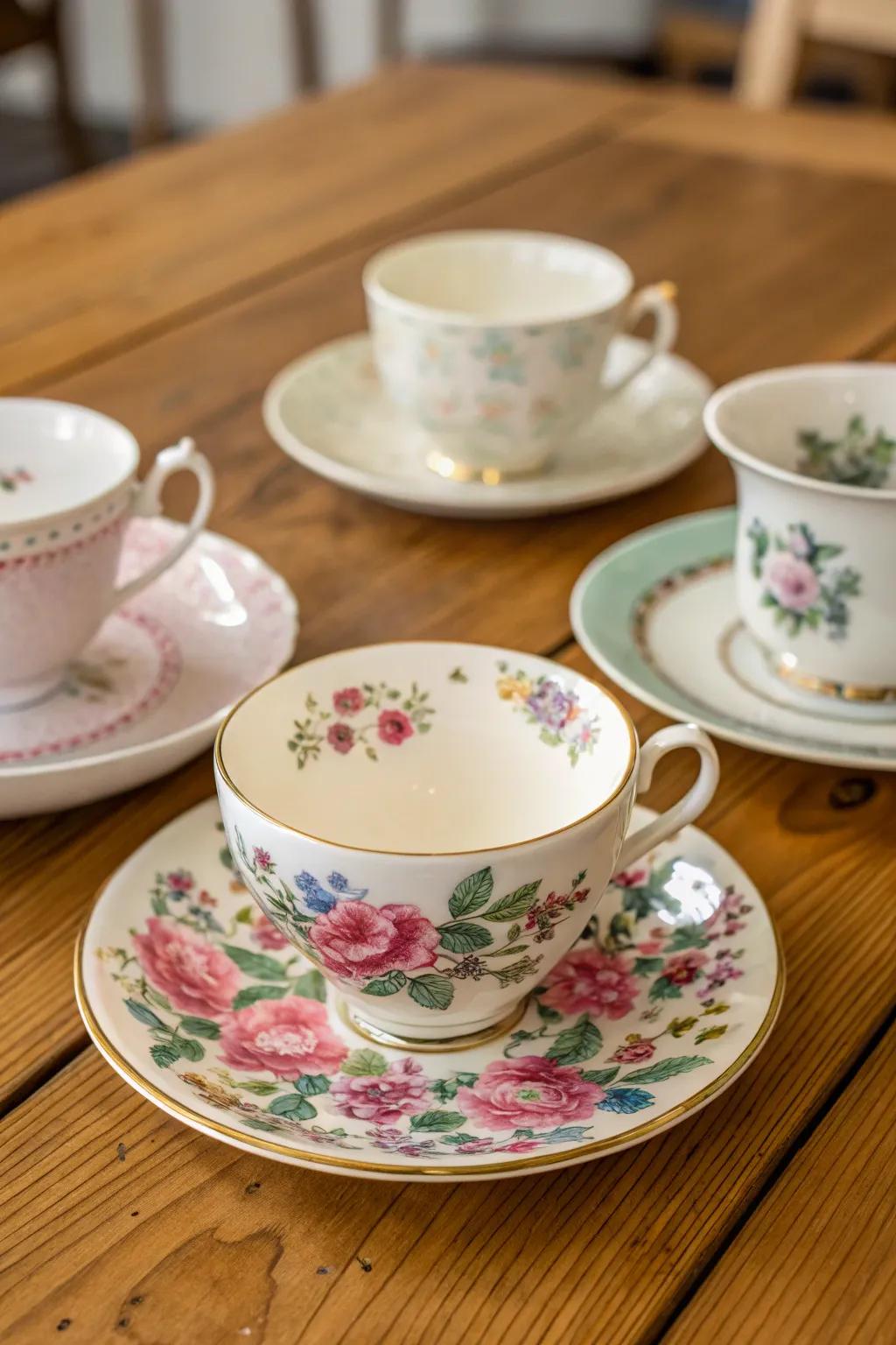 A collection of vintage tea servingware incorporating cups and saucers that contribute to the table's allure.