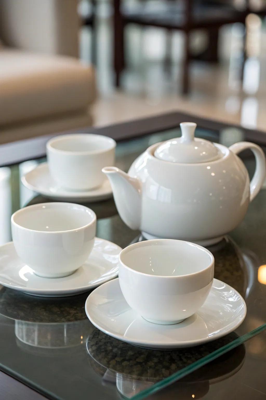 A modern minimalist tea set providing a pristine and refined appearance.