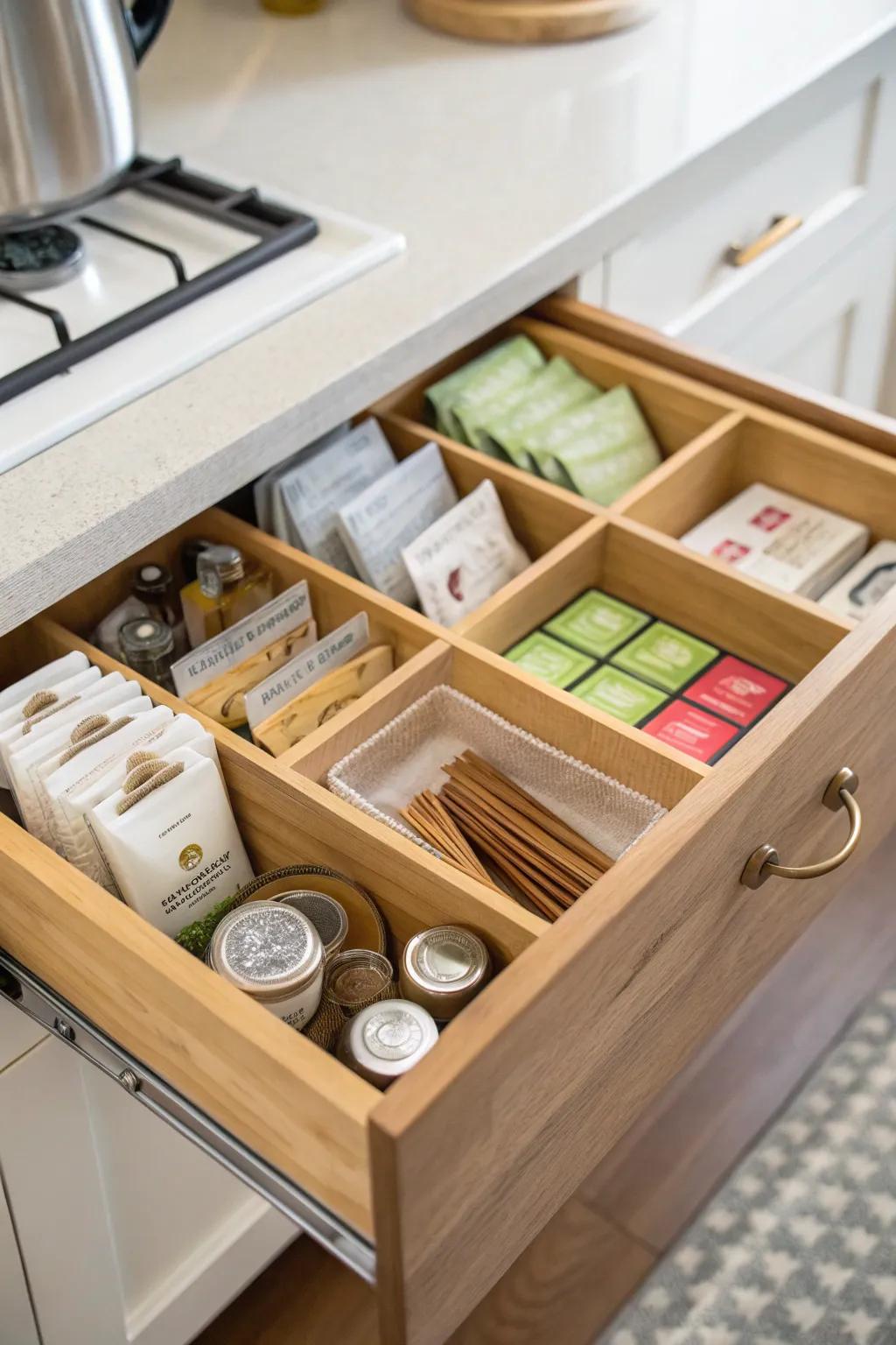An impeccably structured tea drawer incorporating separators.