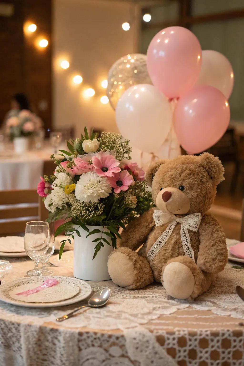Endearing bear table pieces inject a whimsical sensation onto each table.