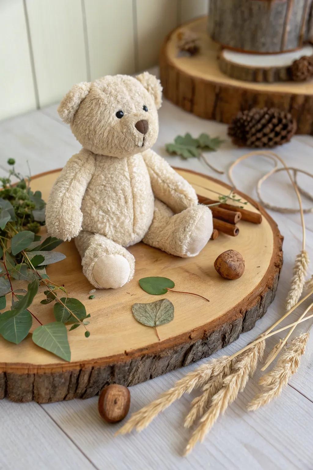 A rustic touch with a stuffed bear on a wood slice base.