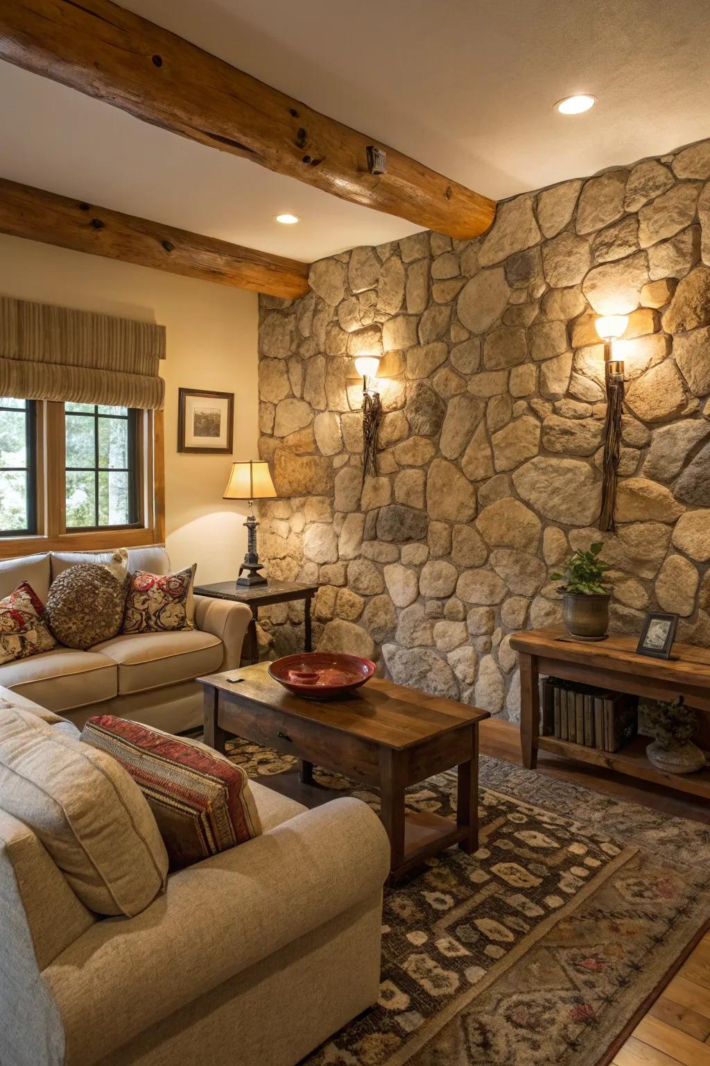 A welcoming area showcasing a raw stone-textured wall.