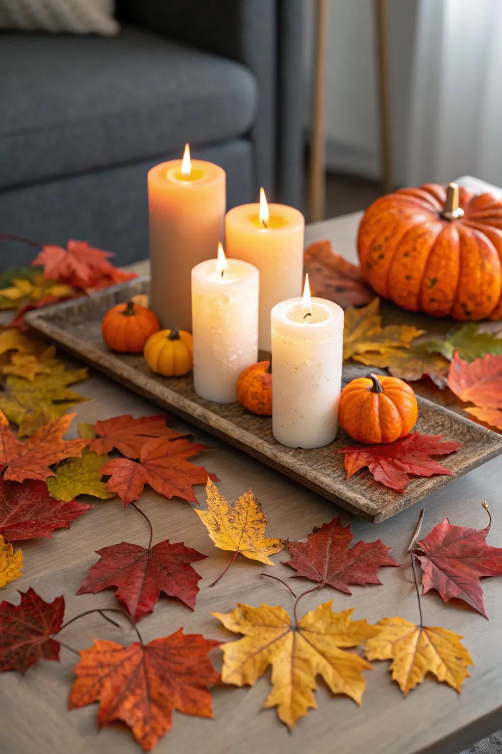Bundles of candles on the coffee table create an inviting atmosphere.