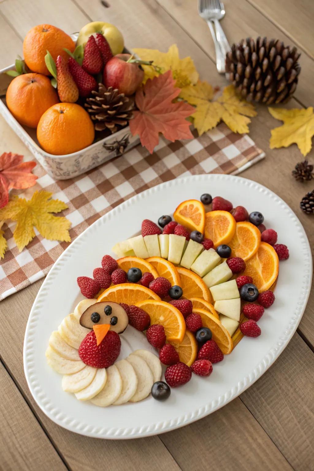 A turkey shaped fruit platter sure to excite both children and adults.