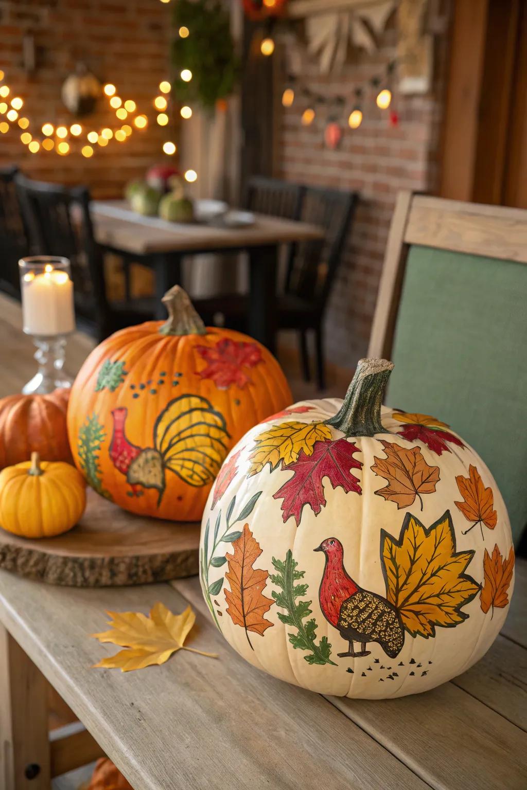 Vibrantly adorned pumpkins featuring autumn designs.