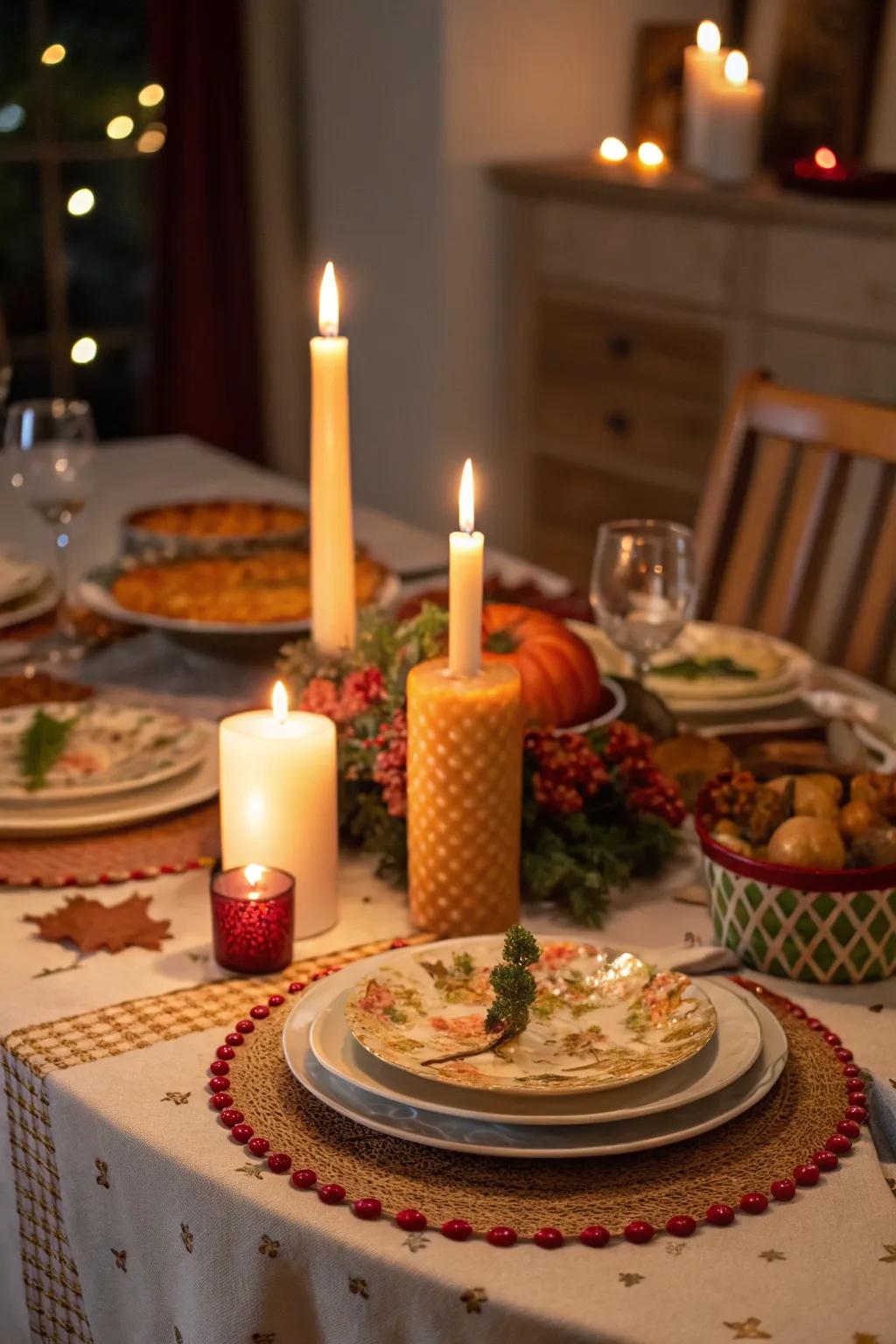 Candles of varying heights generate a captivating glow.
