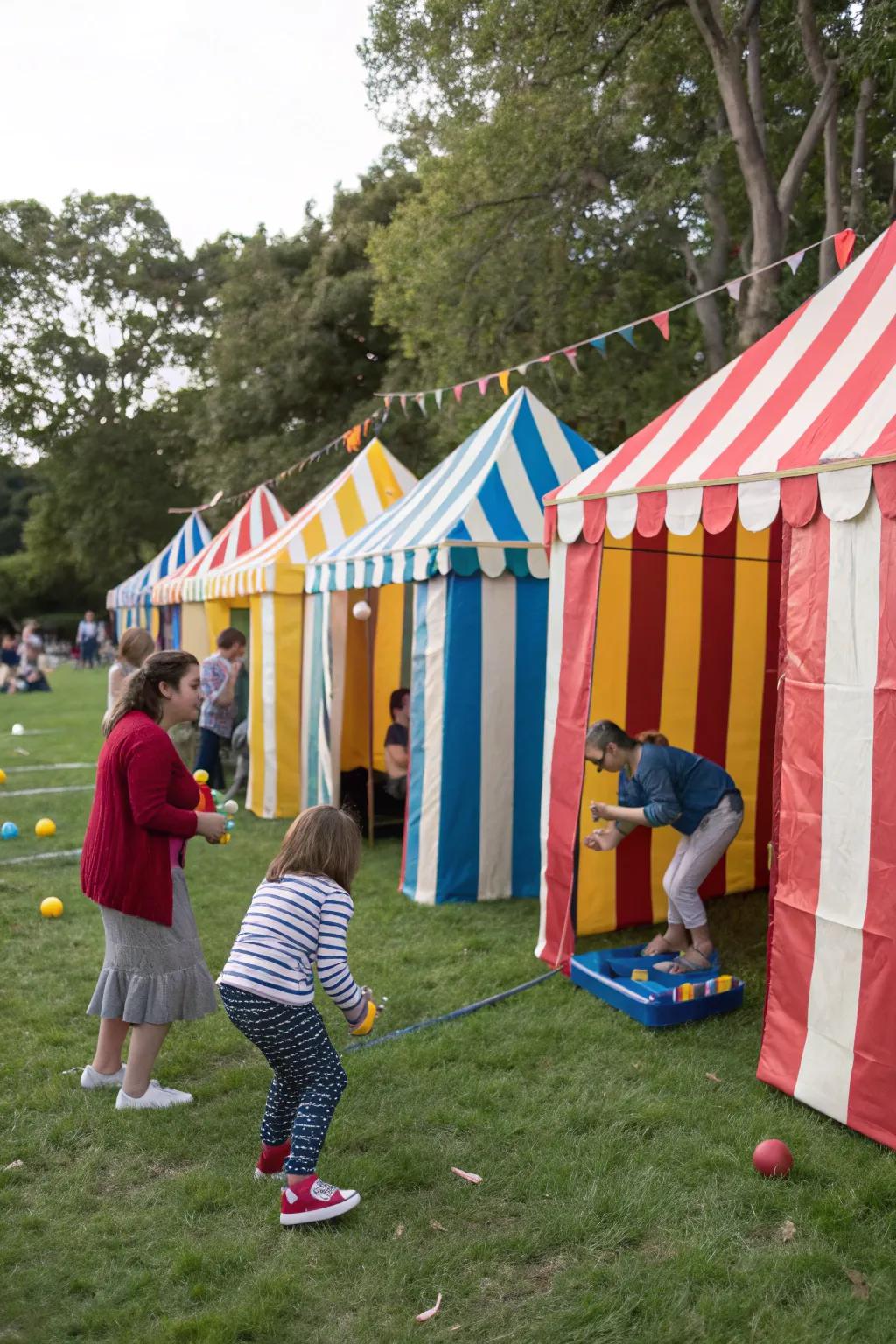 Handcrafted shelters bring the traditional carnival aesthetic to life.