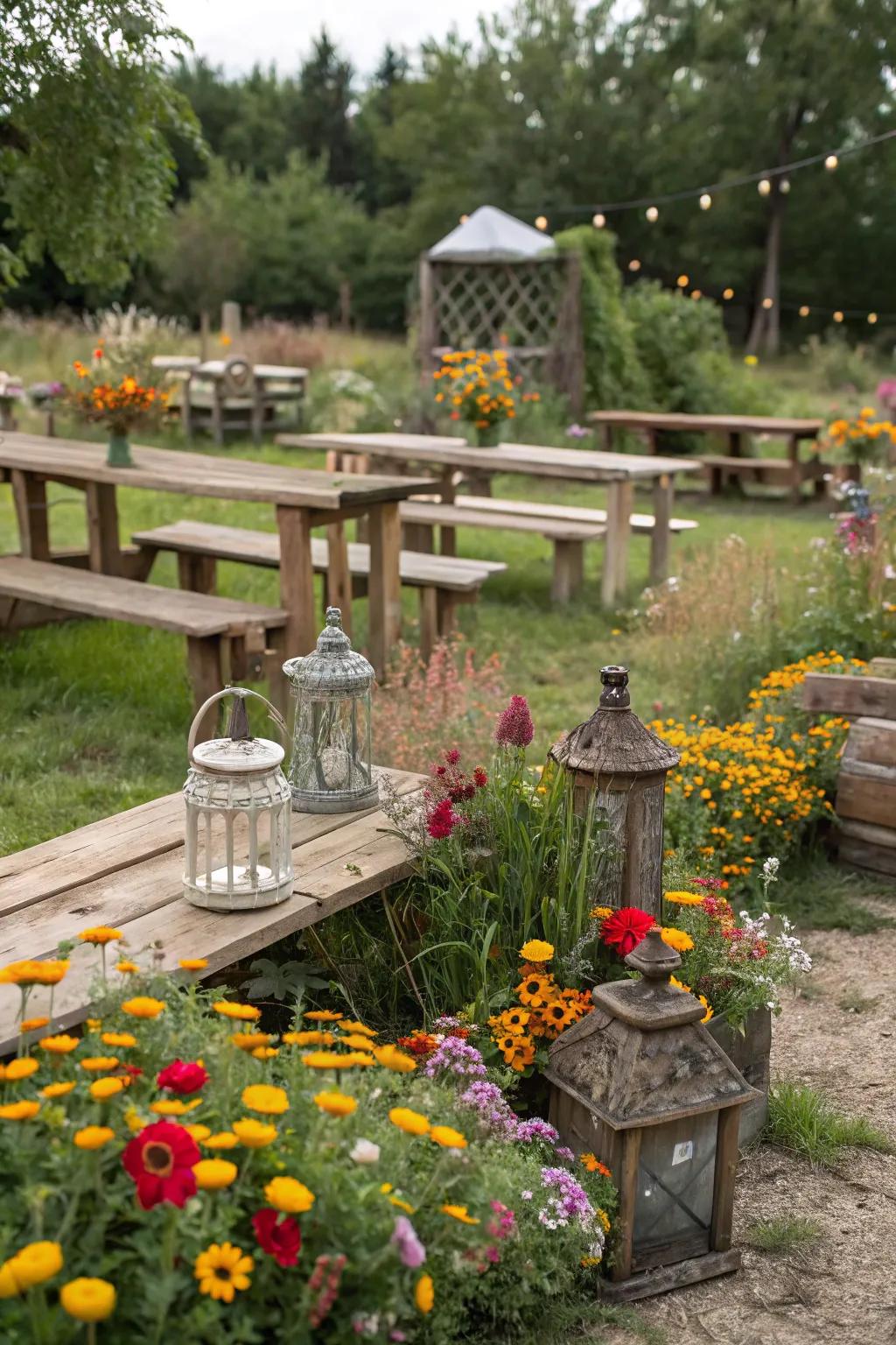 A rustic garden blending wooden elements with vibrant floral displays.