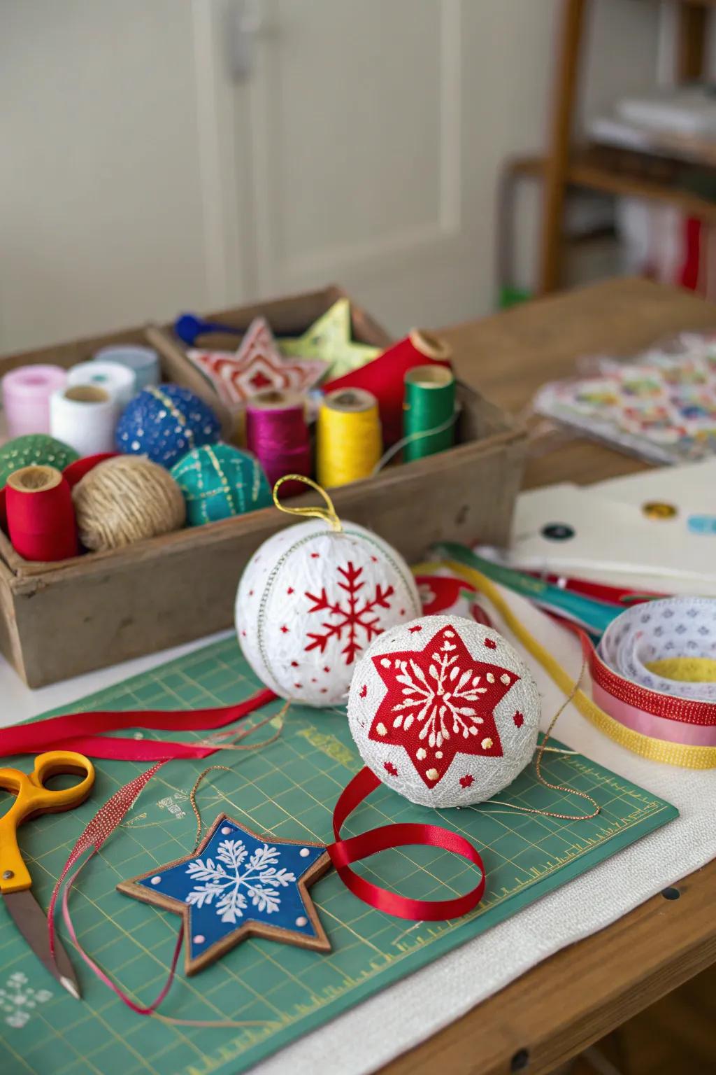 A creative space for crafting unique Christmas ornaments.