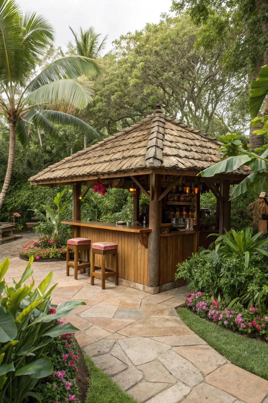 Earthy wooden shingles imbue your tiki bar with enduring charm.