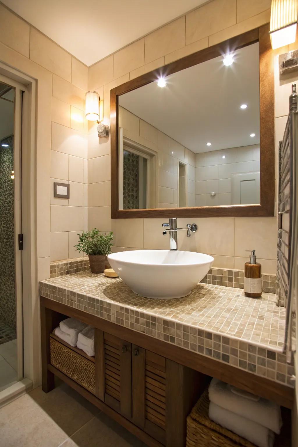 An above-counter sink enhances a tiled countertop with sophistication.