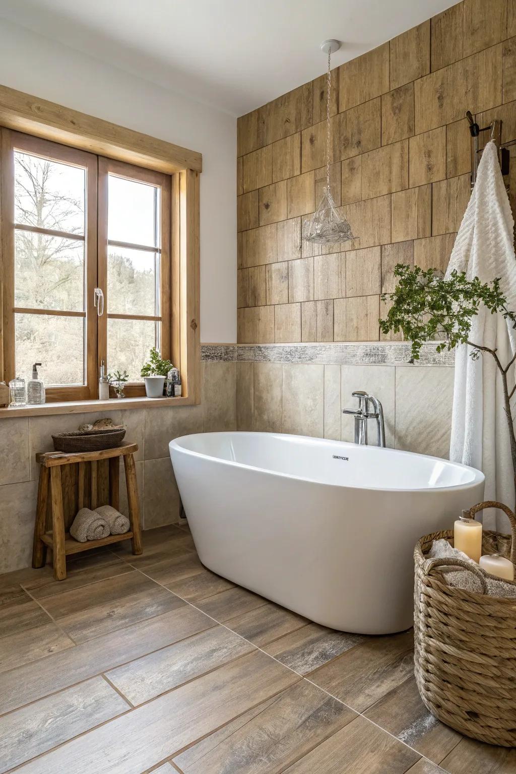 Convert your bathroom into a peaceful woodland retreat with the elegance of timber-styled surfaces.