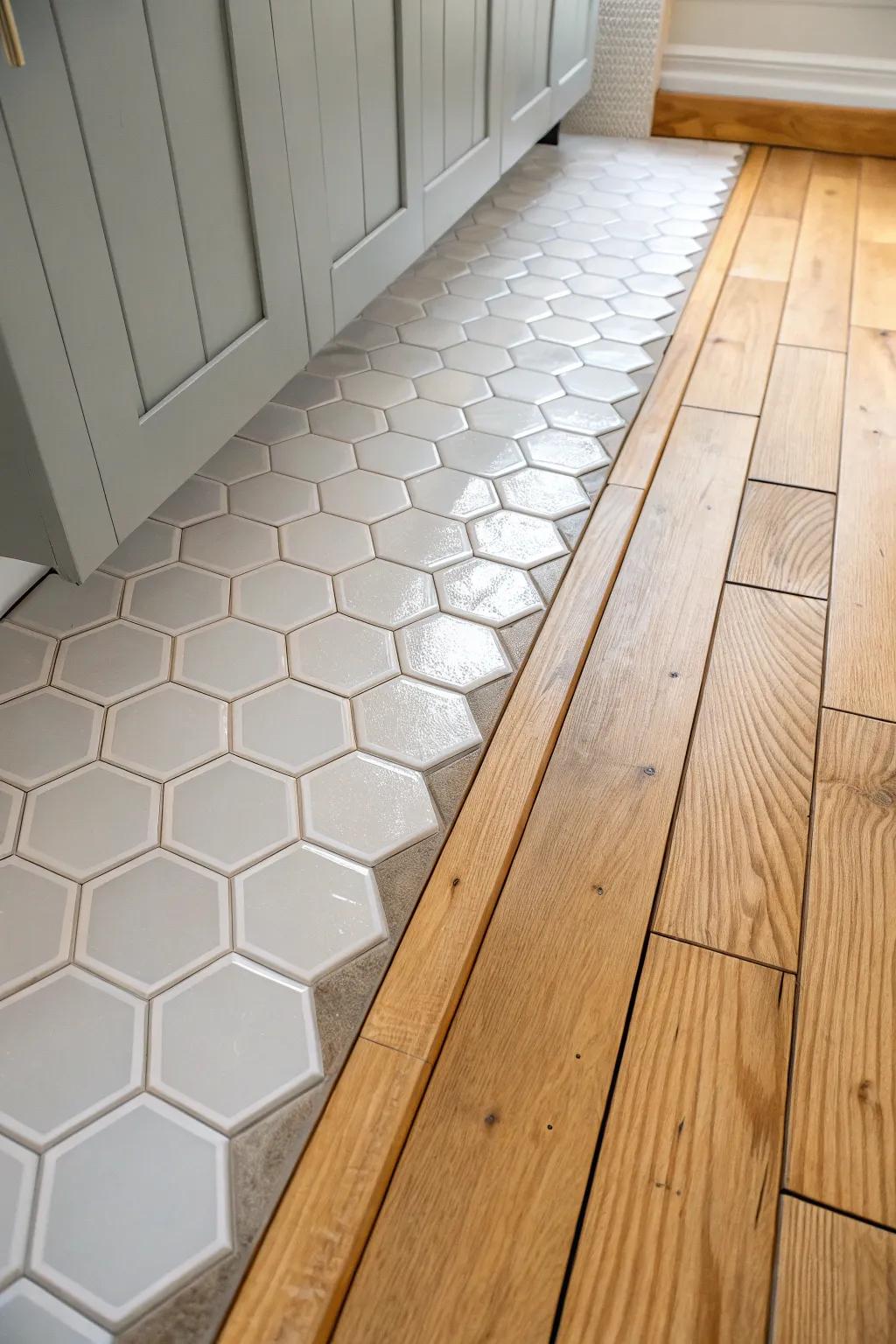 Geometric tiles artistically merge into timber planks.