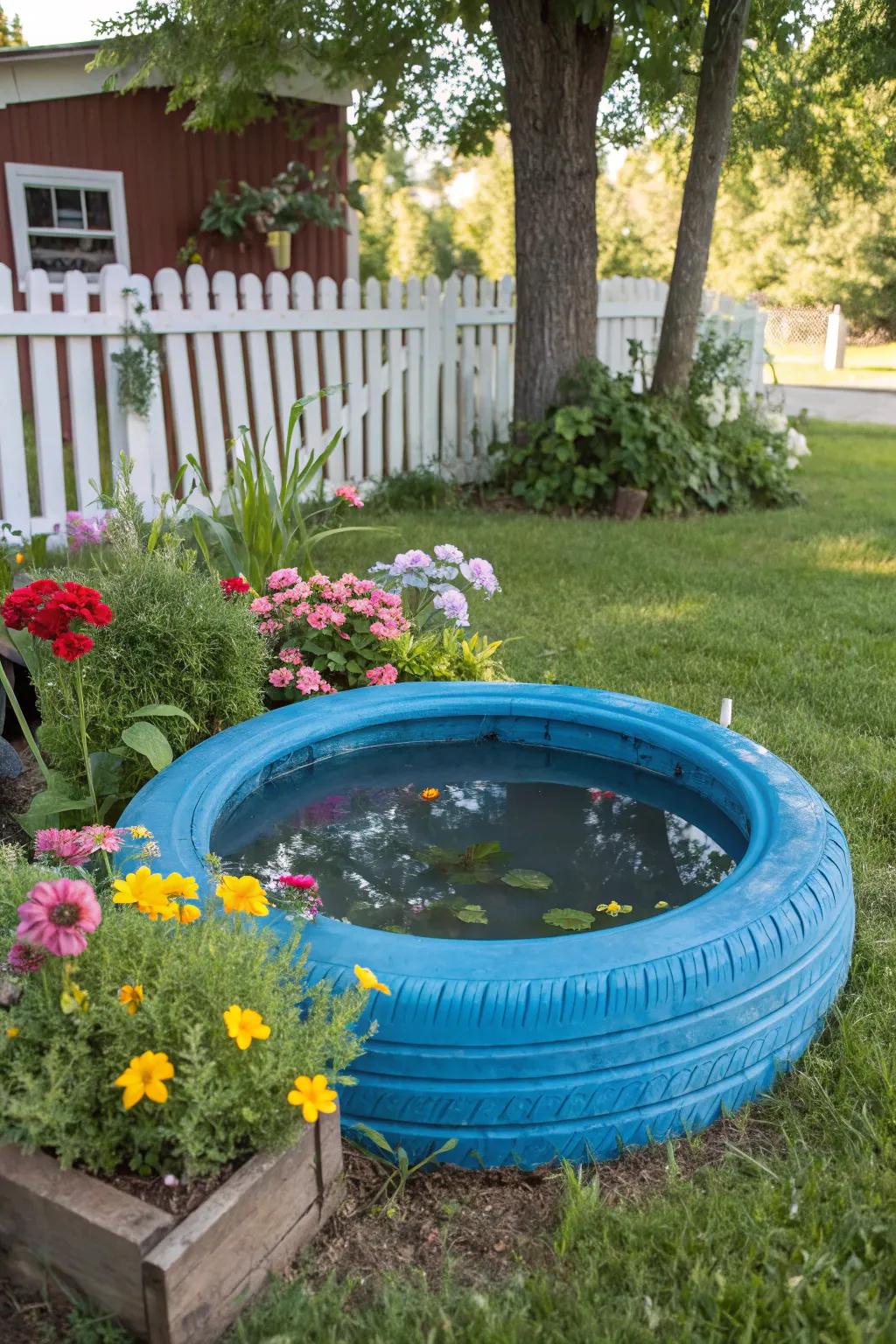 A dynamic azure-painted tire water feature that commands attention with its vivid presence.