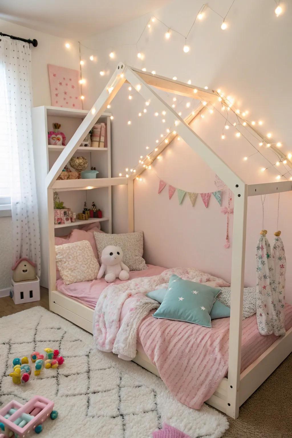 A captivating house-shaped bed infuses whimsy and comfort.