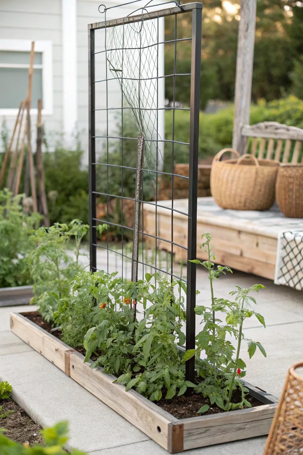 Enhance your garden with a refined metal mesh support that unifies strength and style.