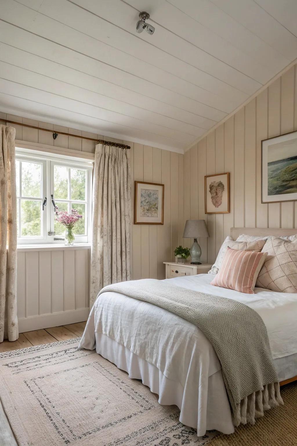 Soft, neutral interlocking plank walls design a peaceful bedroom atmosphere.
