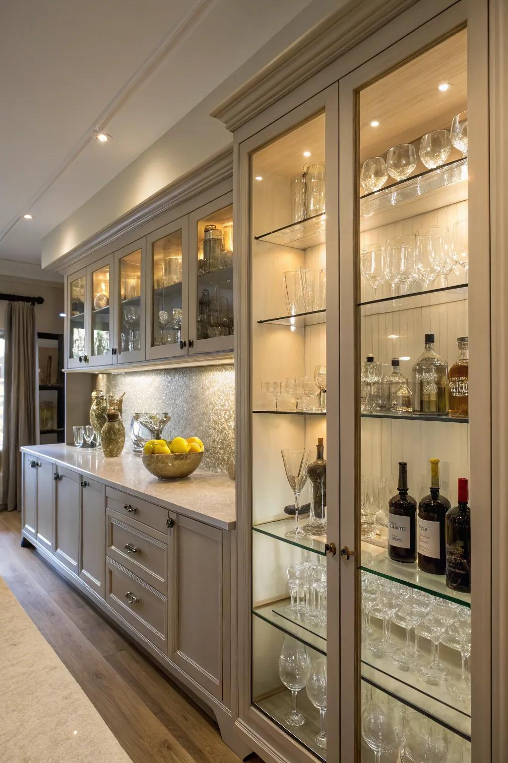 Clear-front cabinets present a polished and modern visage, perfectly suited for displaying refined glassware.