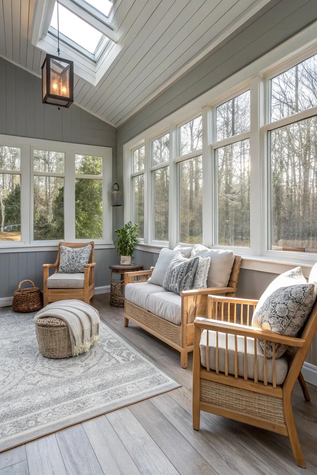 Sunroom walls in soft gray, presenting a versatile and sophisticated decorative foundation.